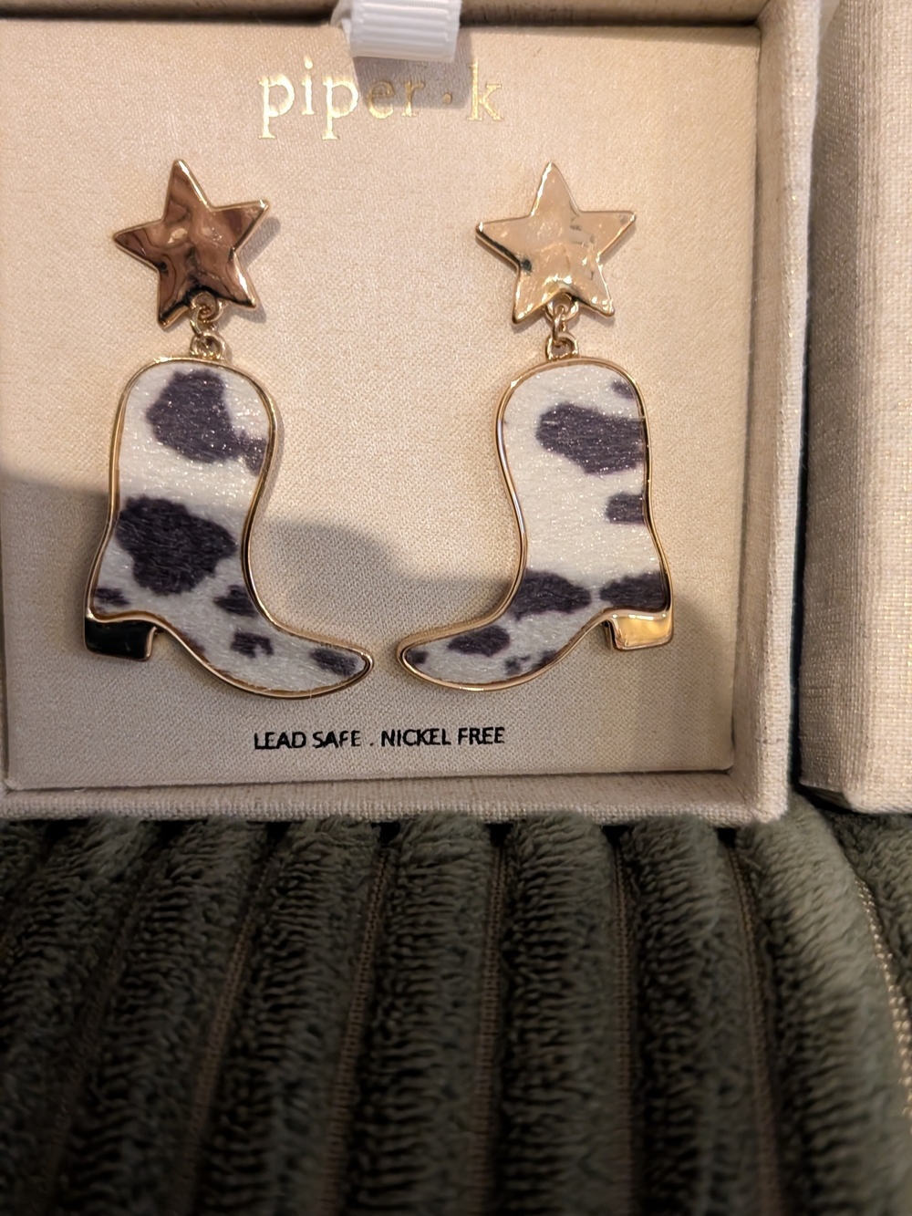 Piper K Star w/Suede Cow Print Cowboy Boots Dangle Drop Earrings Lead Safe
